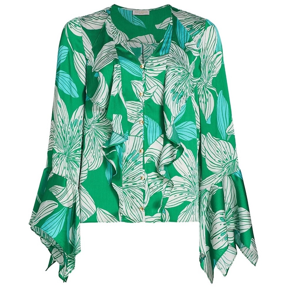 RAMY BROOK Savanna Sea Green & White Lily Floral Blouse Ruffle Top